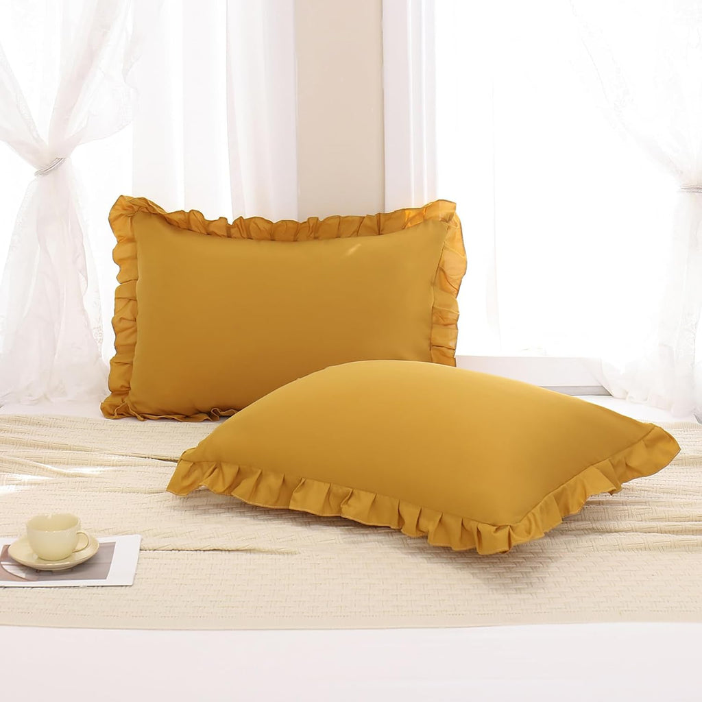 Merryword Mustard Yellow Pillowcases Standard Pillowcases 20x26inch Set of 2 Ruffle Pillow Shams Cute Pillow Covers Solid Yellow Shabby Chi…
