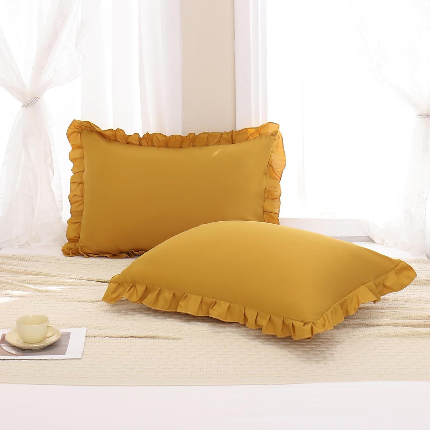 Merryword Mustard Yellow Pillowcases Standard Pillowcases 20x26inch Set of 2 Ruffle Pillow Shams Cute Pillow Covers Solid Yellow Shabby Chi…