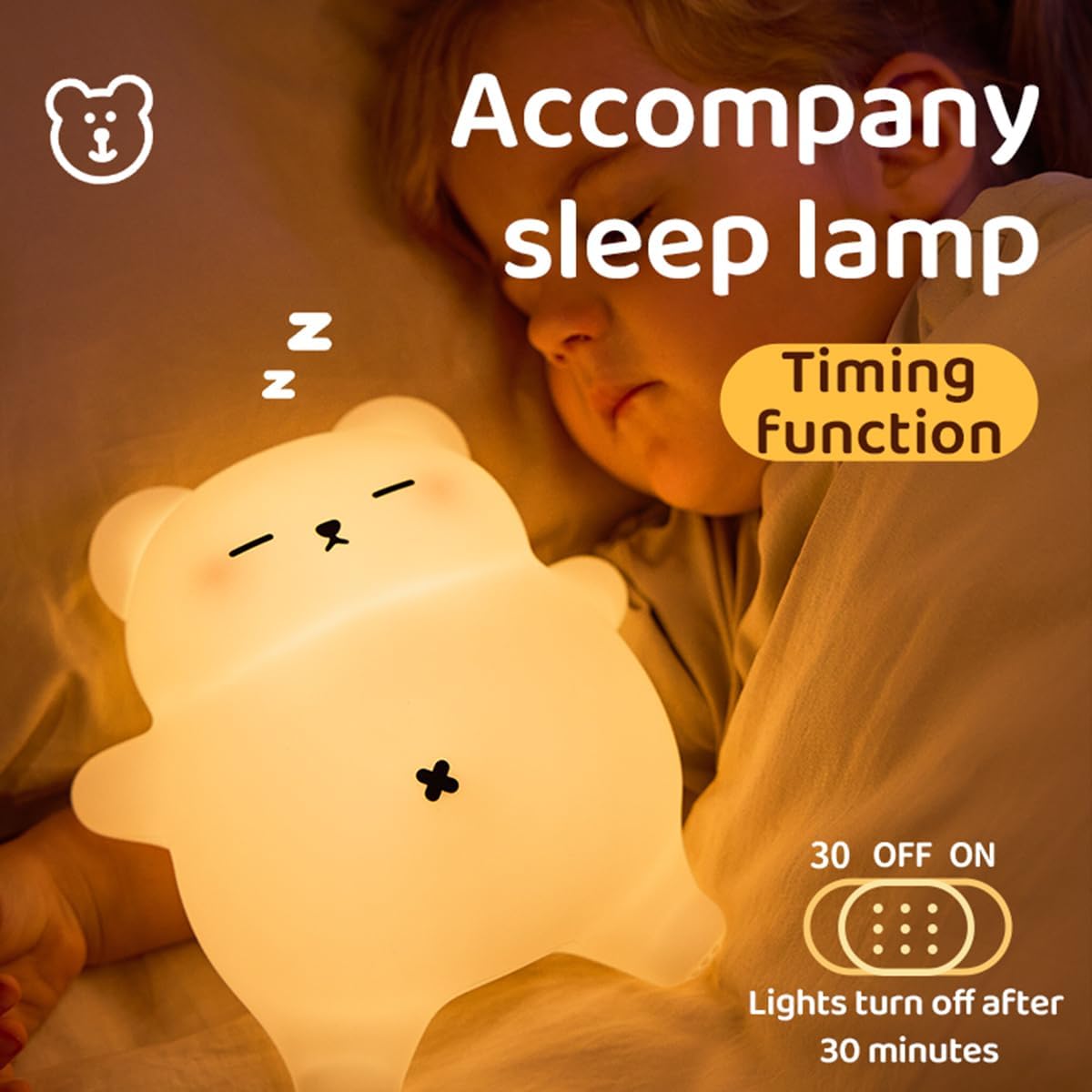 Dreaming My Dream Sleeping Snoring Bear Night Light Nursery lamp for Kids,3-Level Dimmable,30Min Auto-Off Timer, Rechargeable Type-C, BPA-Fr…