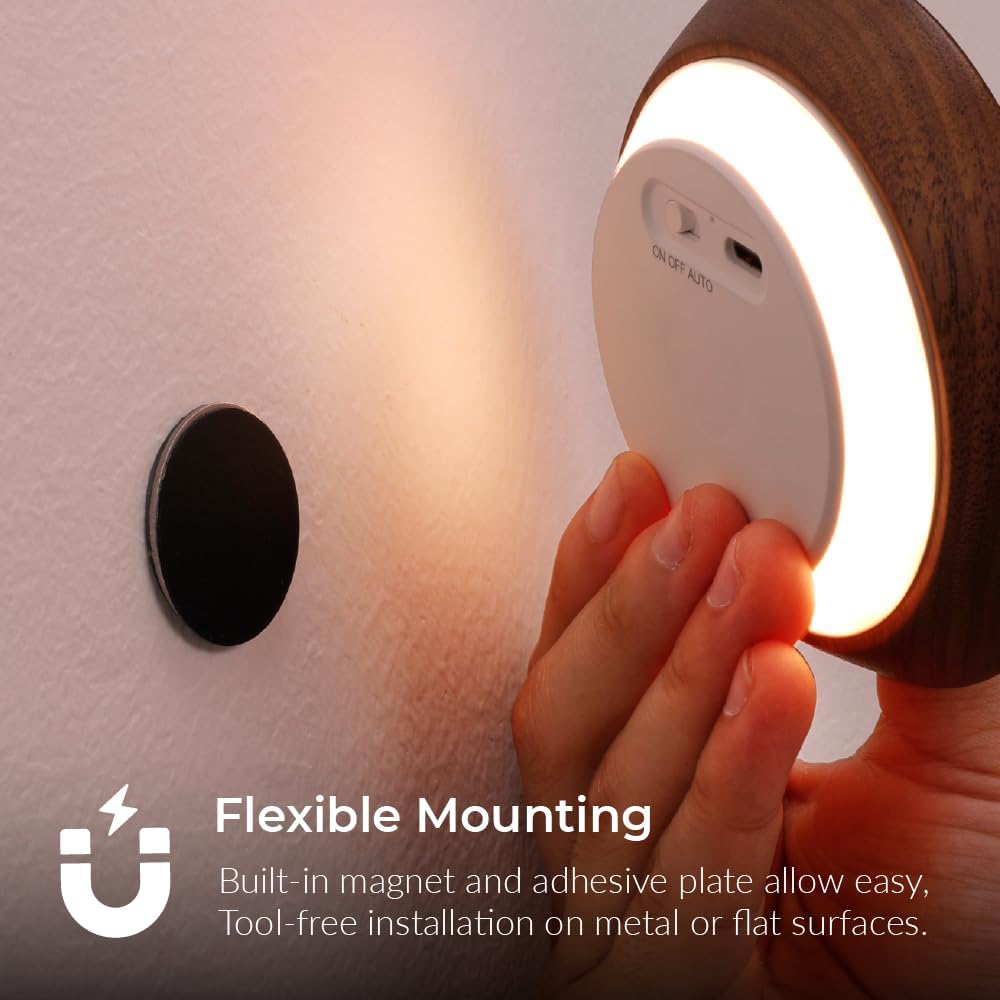 Wood Flower Motion Sensor Night Light, Mini Lamp with Embossed 3D Floral Surface, Rechargeable Warm Light, Stick-On Magnetic Mount for…