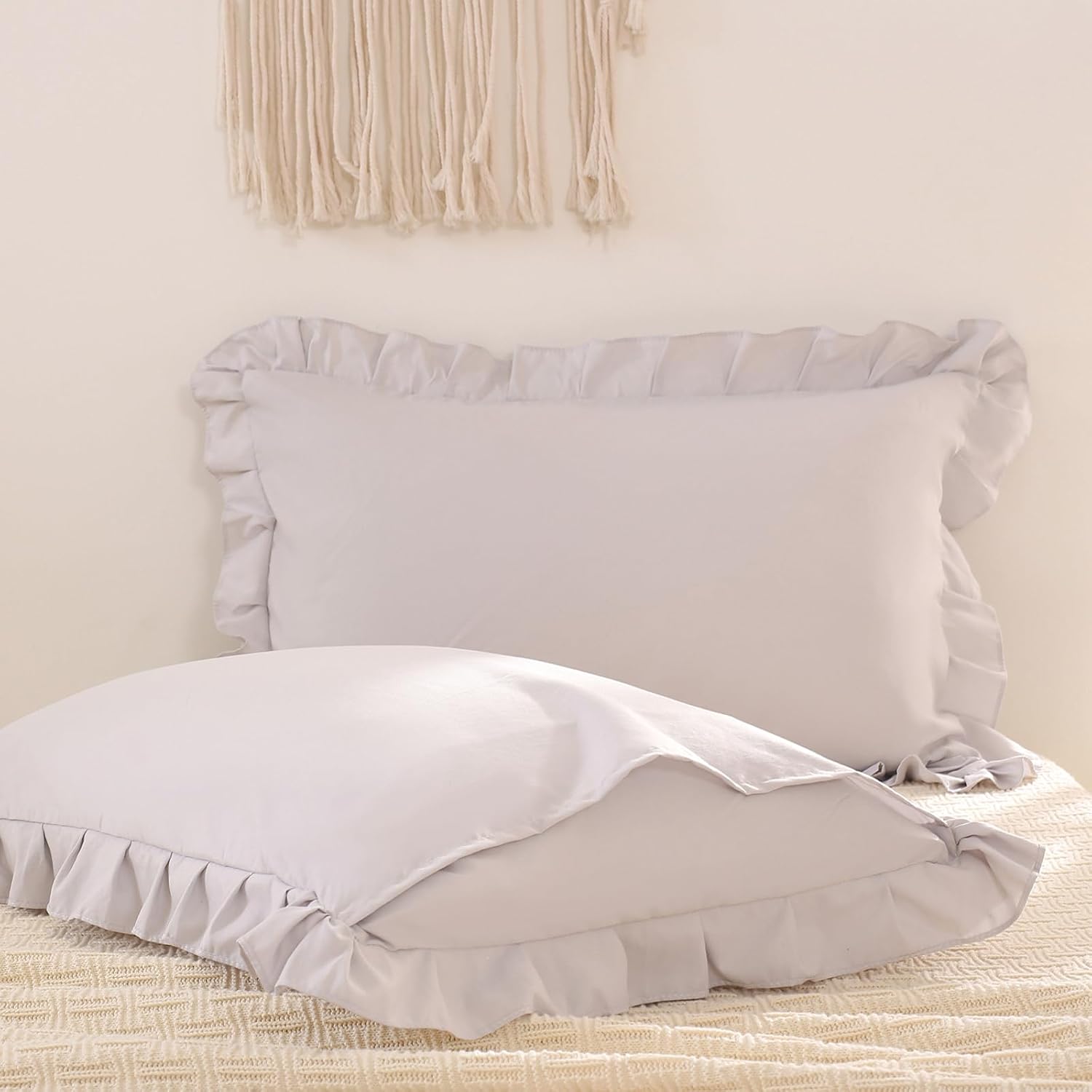 Merryword Beige Gray Pillow Shams Cute Ruffle Queen Pillowcases Solid Pillow Cover Set of 2 Shabby Chic Soft Light Gray Pillowcases 2 Pack…