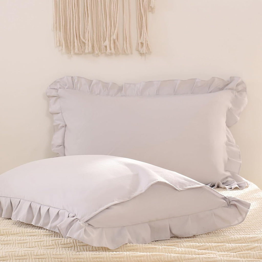 Merryword Beige Gray Pillowcases King Pillowcases Ruffled Pillow Shams Set of 2 Cute Pillowcases Solid Ruffled Fringe Design Light Gray Sha…