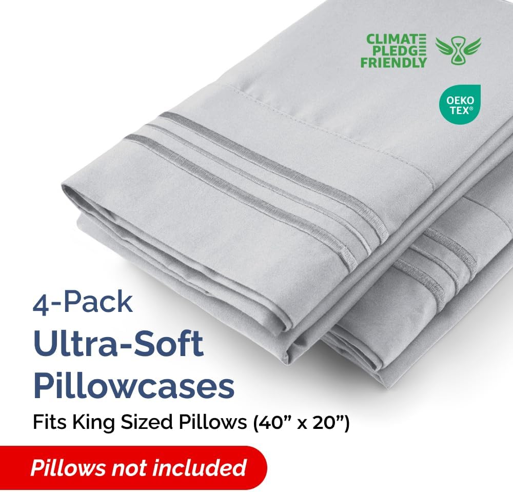 King Pillow Cases Set of 4 - Ultra Soft Hotel Quality Pillowcase Covers - Comfy, Cozy & Wrinkle Free - Shrinkage, Stain & Fade Resistant…