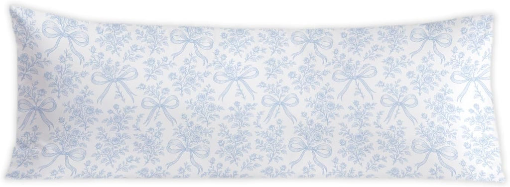 Coquette Blue Bow Chinoiserie Floral 20x54 Body Pillow Cover, Blue Coquette Room Decor, French Country Grandmillennial Blue and White…