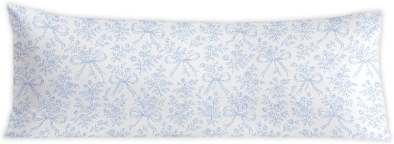 Coquette Blue Bow Chinoiserie Floral 20x54 Body Pillow Cover, Blue Coquette Room Decor, French Country Grandmillennial Blue and White…
