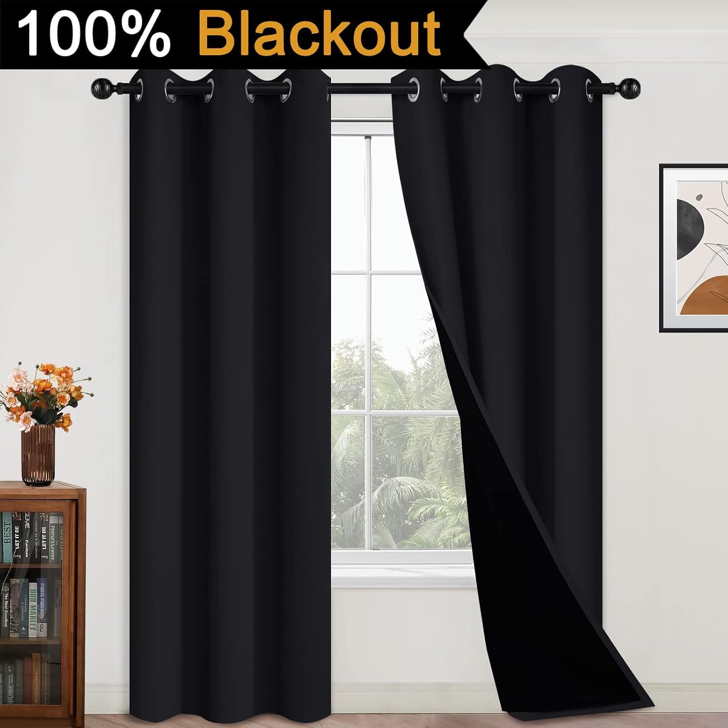 Yakamok 100% Blackout Curtains Energy Saving Thermal Insulated 2 Thick Layers Completely Blackout Drapes with Black Liner for Bedroom(42Wx8…