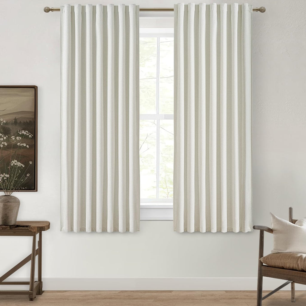 Qjmydeco Pleated Curtains with Pin Hooks Linen Kitchen 45 Inch Length 2 Panels Set, Blackout Curtains with Rings Back Tab for Small Window…
