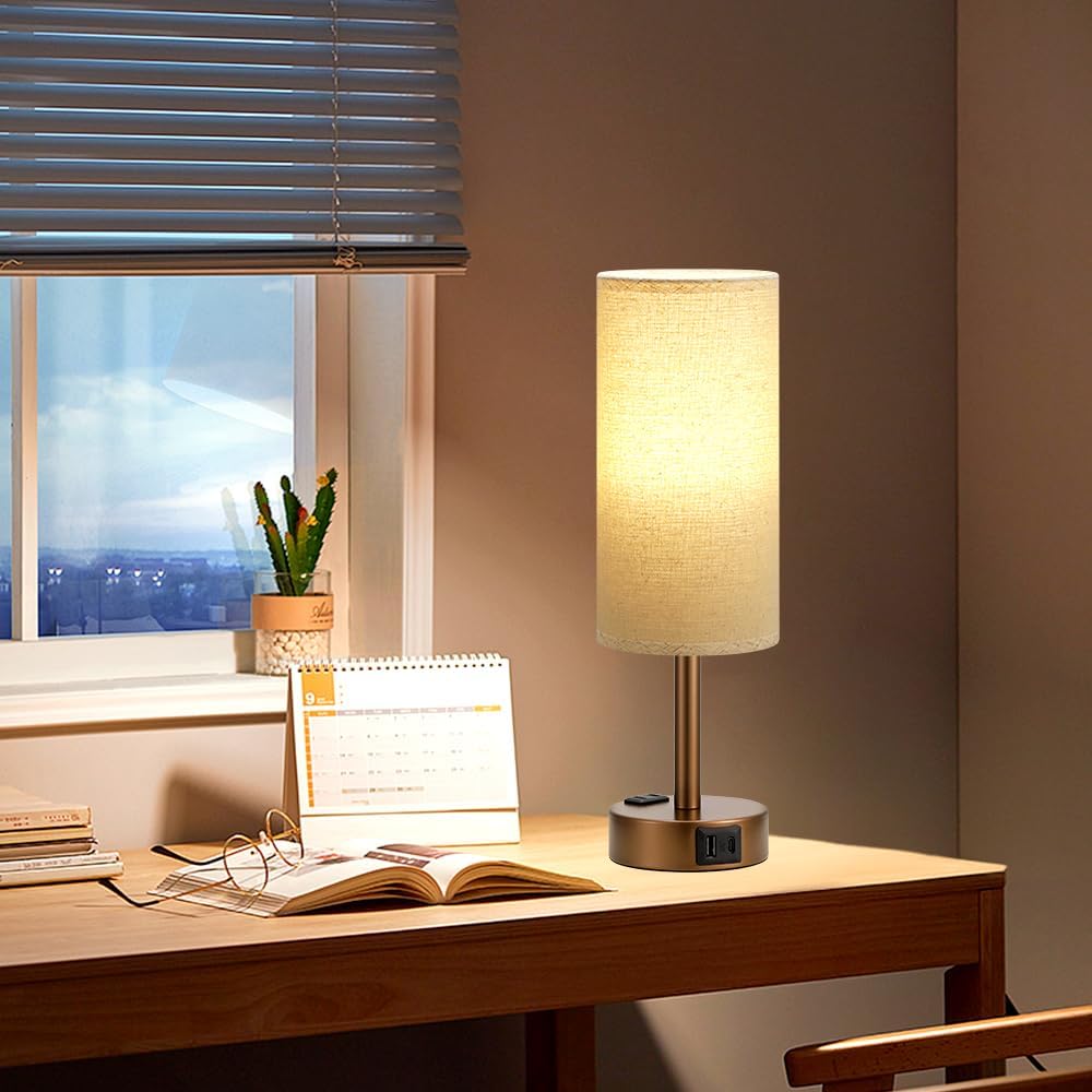 Fenmzee Brown Bedside Table Lamp for Bedroom - 3 Way Dimmable Touch Lamp USB C Charging Ports and AC Outlet, Small Lamp Round Flaxen…