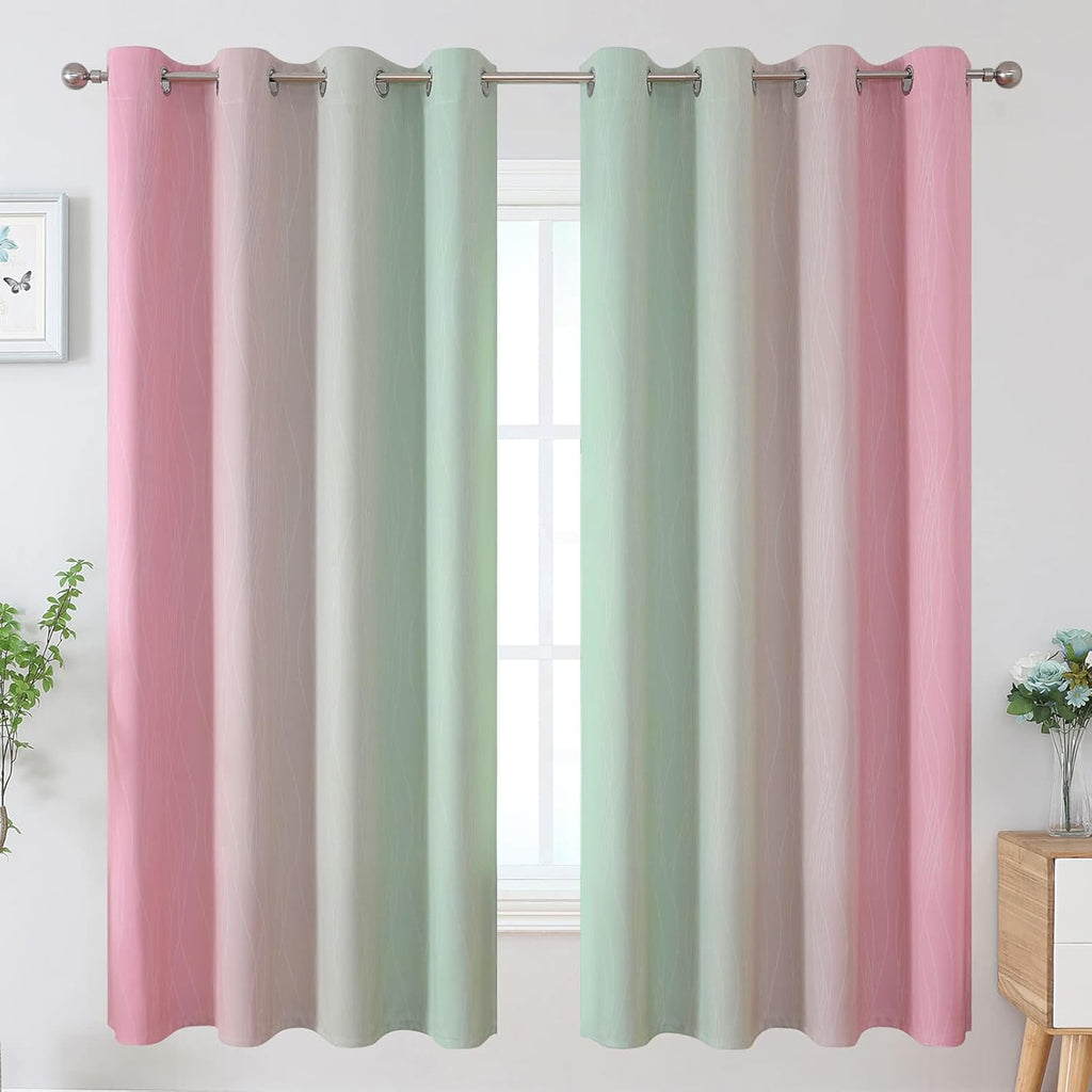 Estelartextiler Estelar Textiler Ombre Sage Green and Pink Blackout Curtains 63 Inch Length 2 Panels for Playroom, Gradient Thermal Insulat…