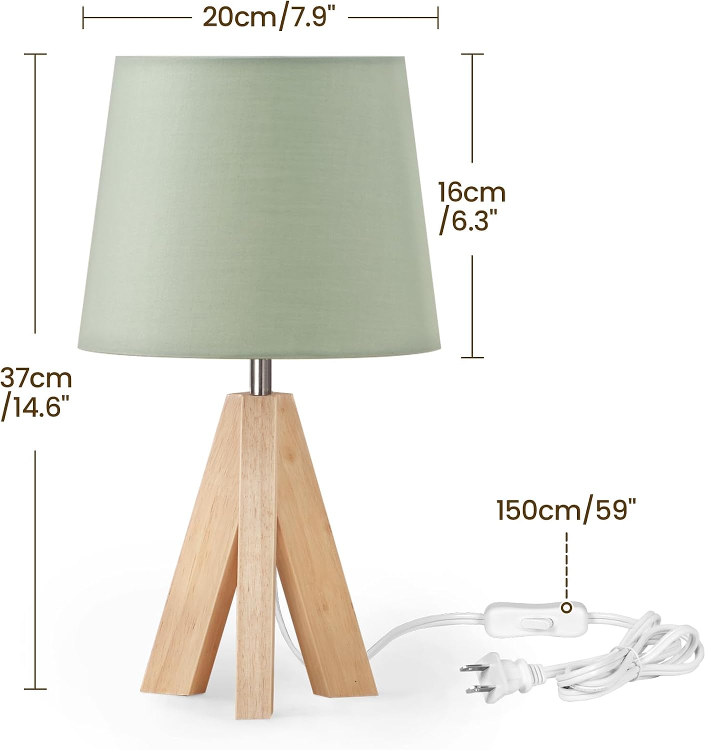 Tripod Table Lamp, Small Bedside Lamp with Wood Base & Green Fabric Shade, Little Cute Desk Lamp, Modern Nightstand Lamp for Bedroom…