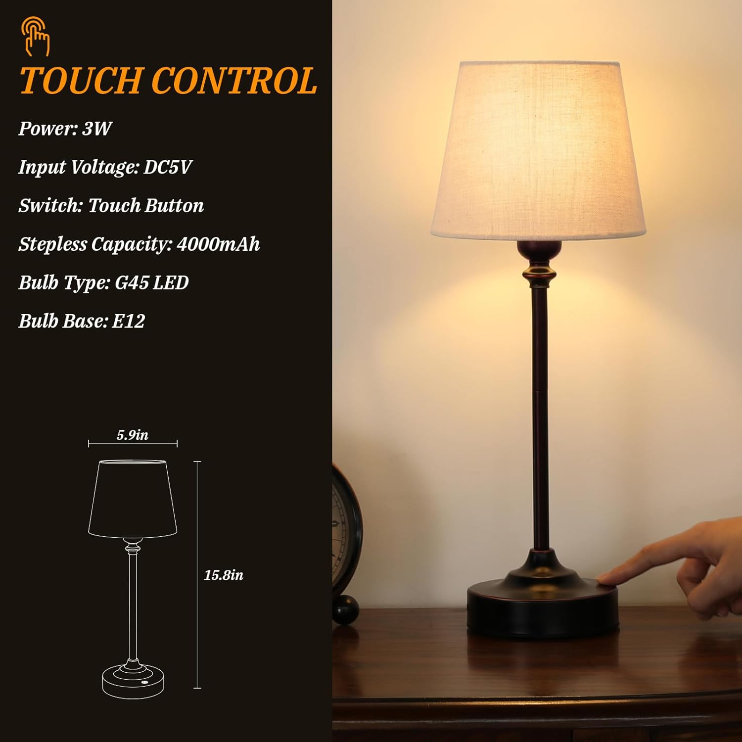 Cordless Table Lamp Rechargeable Bronze - 1 Pack Brass 4000mAH Battery Operated Lamp for Decor, 3000K Stepless Dimming Touch Control…