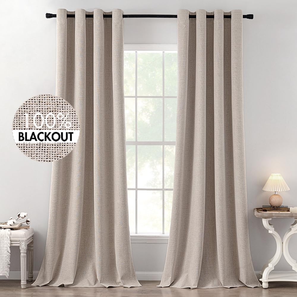 Miulee Linen Texture Curtains, 2 Pack Blackout Thermal Insulated Khaki, 52x120 Inch Grommet Room Darkening Curtains/Draperies for Bedroom,…