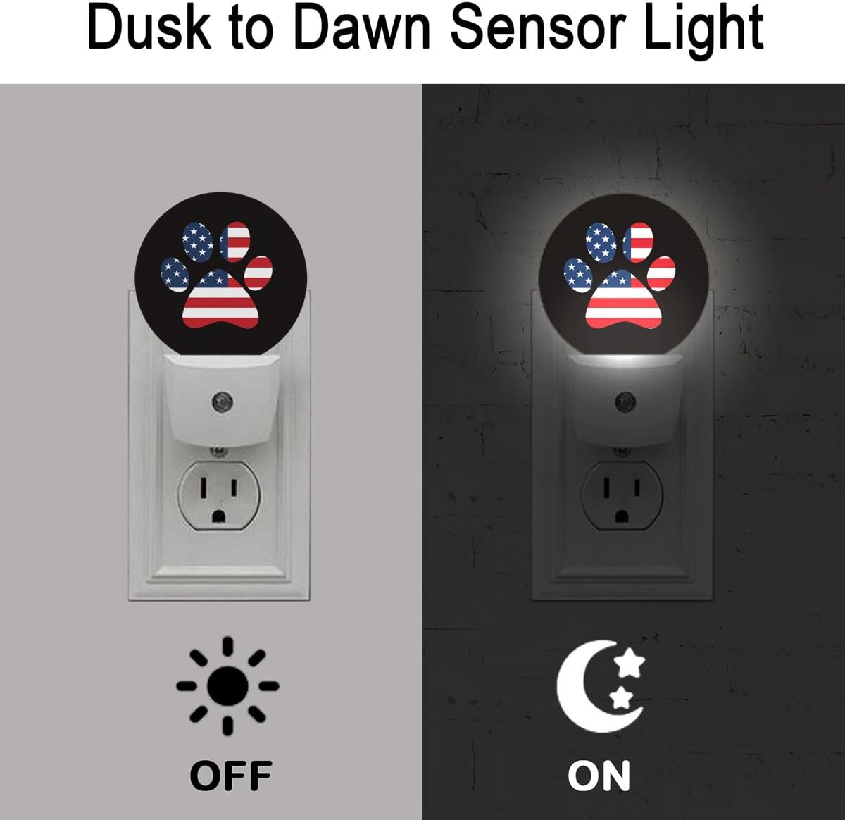 USA Flag Paw Plug in Night Light Auto Light Round Lamps Energy Saving Gift for Women Men Friends