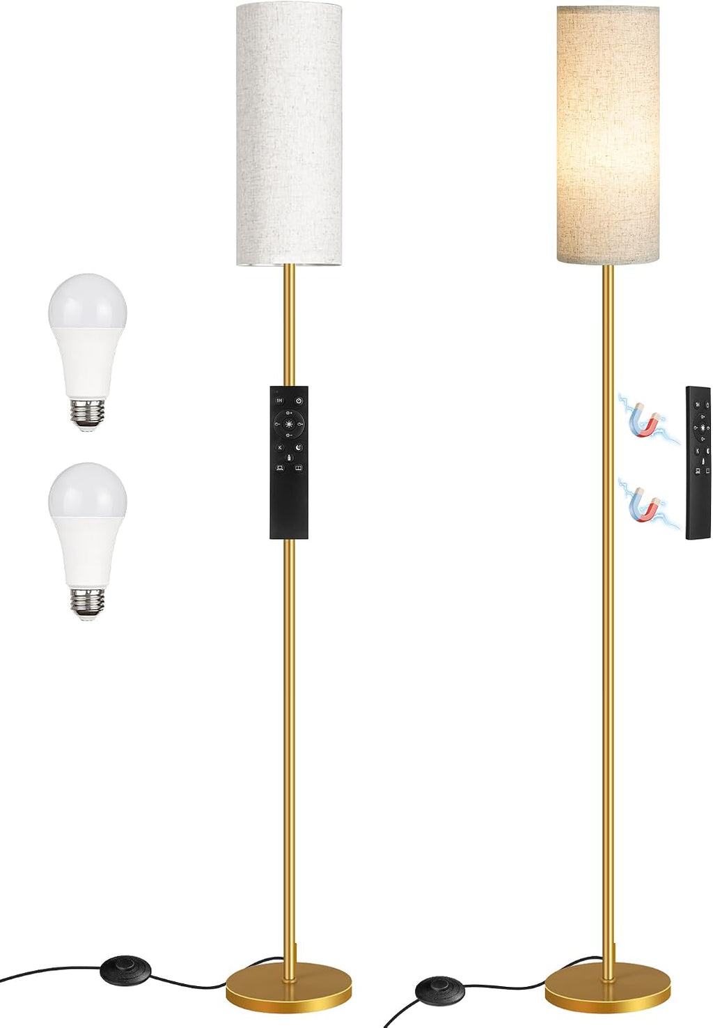 Set of 2 Dimmable Floor Lamps for Living Room with 2 Remotes and Foot Switch, Modern Standing Tall Lamp, Corner Lamp for Bedroom, Bulb…