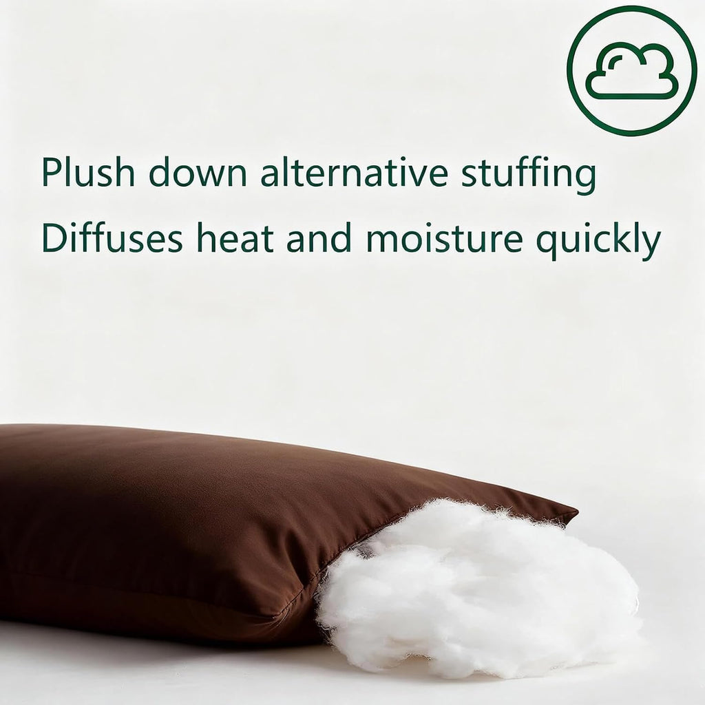 Flat Ultra Thin Bed Pillows Standard/Queen Size Pillow Set of 2 Extra Soft Down Alternative for Stomach Back Sleeper Coffee Brown