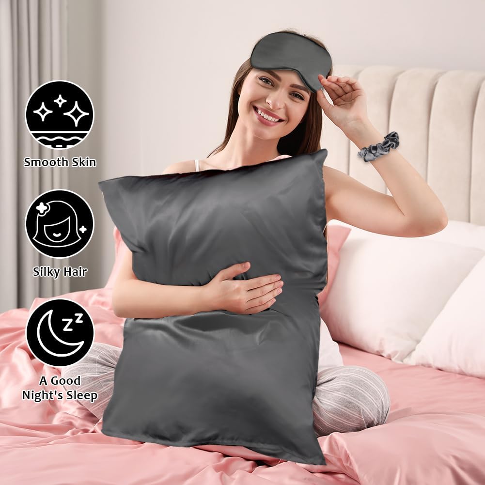 Auauy 2 Pack Satin Silk Pillowcase, 19.69x29.53in Silk Pillowcases for Hair and Skin with 2PCS Satin Hair Scrunchies&Eye Mask, Soft Slip Be…