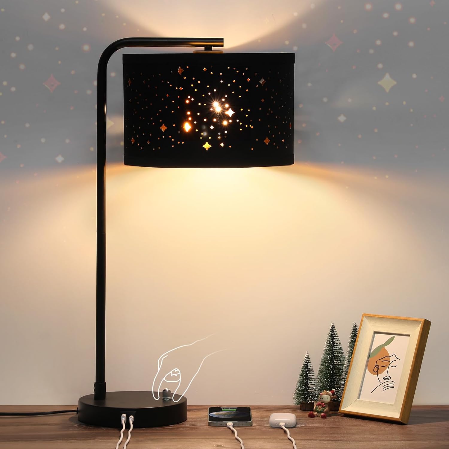 Bedside Table Lamp with USB C+A Ports, Fully Dimmable Modern Nightstand Side Lamps with Stars Shade, Tall Desk Reading Lamps for Living…