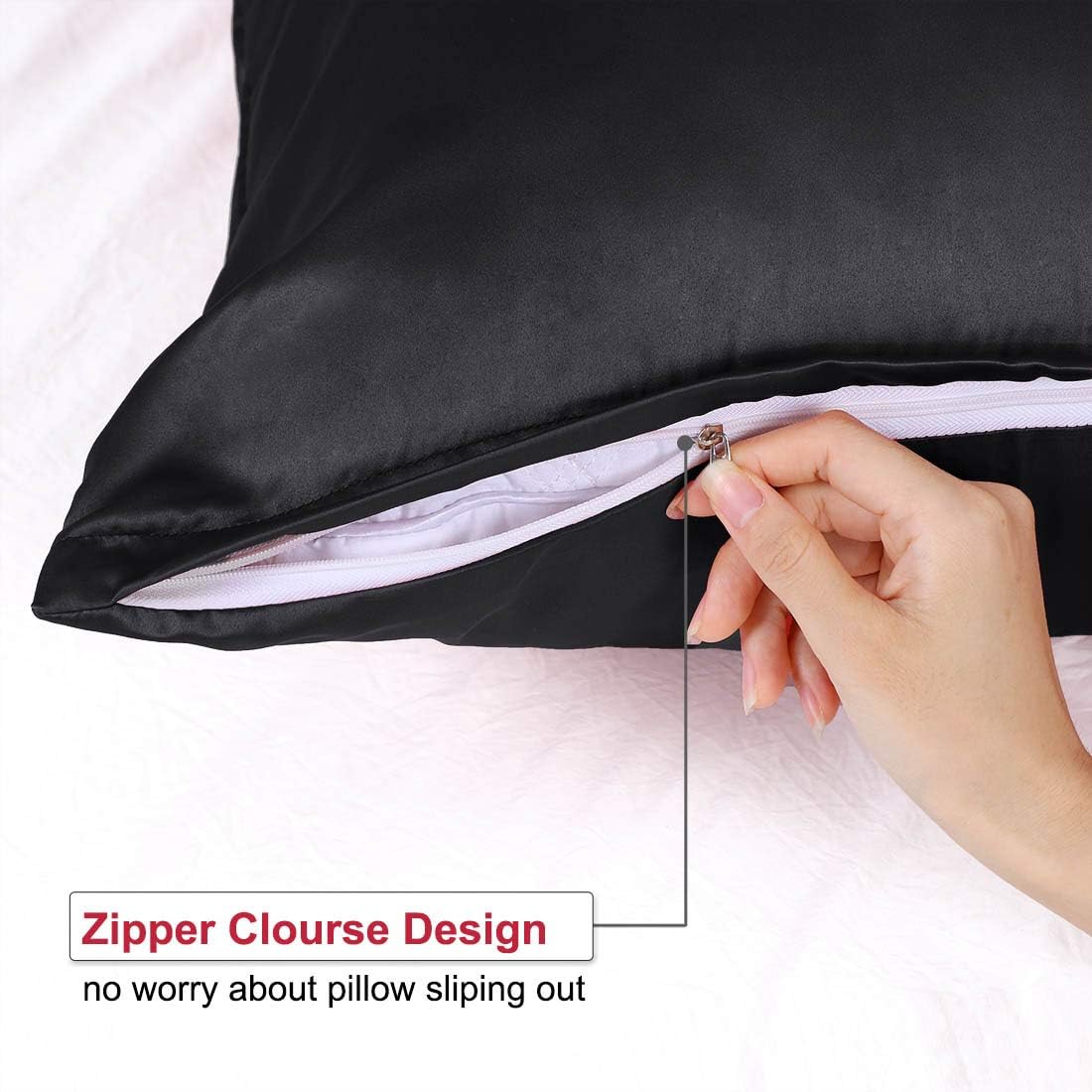 uxcell Queen Satin Pillowcase with Zipper, Super Soft and Luxury, Silky Pillow Cases Covers Set of 2, 21"x31", Black