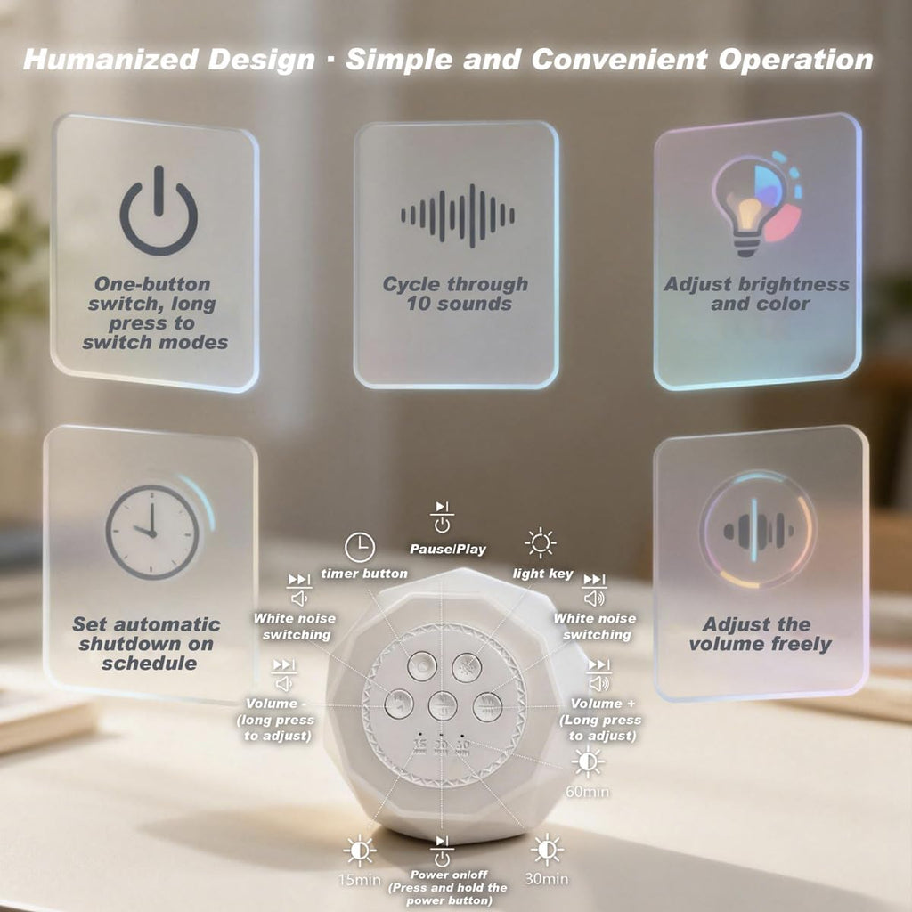 Colorful Noise Sound Machine with 7-Color, 3 Dynamic Mode Night Lights, 10 Soothing Sounds and Sleep White Noise Machine, 3 timers…