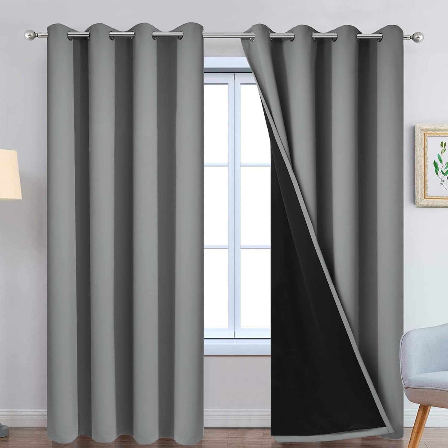 Yakamok 100% Blackout Curtains 90 Inches Long, 2 Thick Layers Heat and Full Light Blocking Soft Thermal Insulated Drapes for Bedroom(52" Wi…