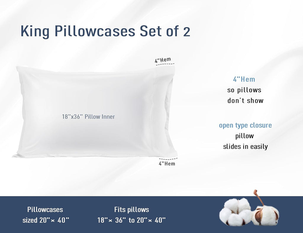 Homtec Pillow Cases, King Size Cotton Percale Weave Pillowcases, Pre-Shrunk Breathable and Hypoallergenic Pillowcases, Set of 2 (2 Piece Ki…