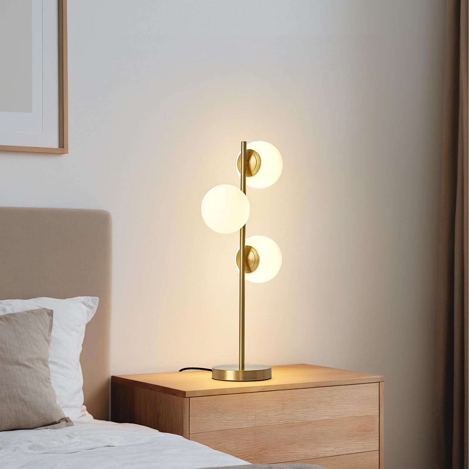 Mid Century Modern 3-Light Table Lamp, Gold LED Nightstand Lamp with White Glass Shades, Bedside Decor Lamp for Bedroom Living Room Office