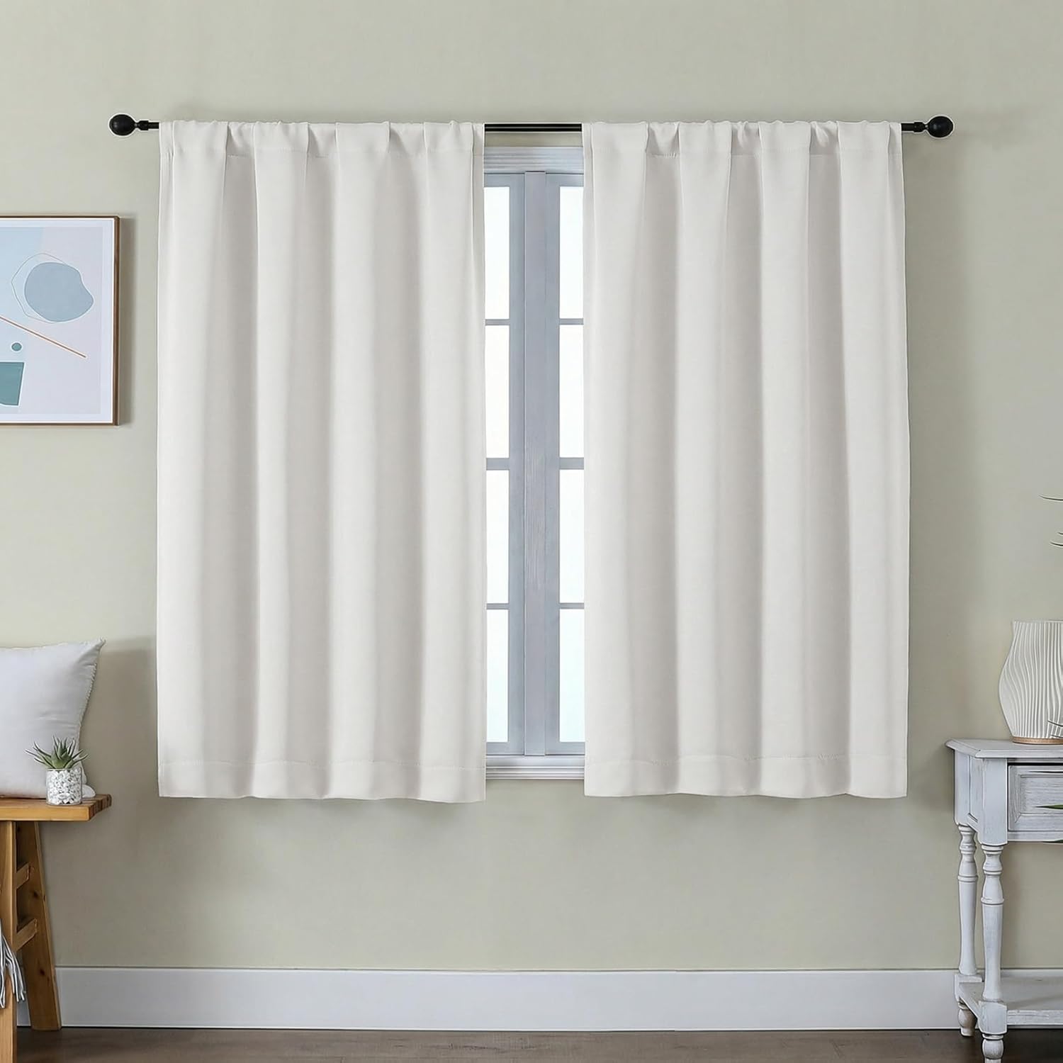Simplebrand Ava Ivory Short Light Filtering Curtains for Bedroom 45 Inches Long 2 Panels Set, Solid Thermal Insulated, Energy Saving Window…