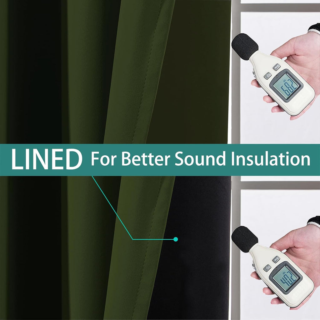 Yakamok Green 100% Blackout Curtains, Total Blackout Lined Curtain Panels for Bedroom, 2 Thick Layers Grommet Top Thermal Insulated Blackou…