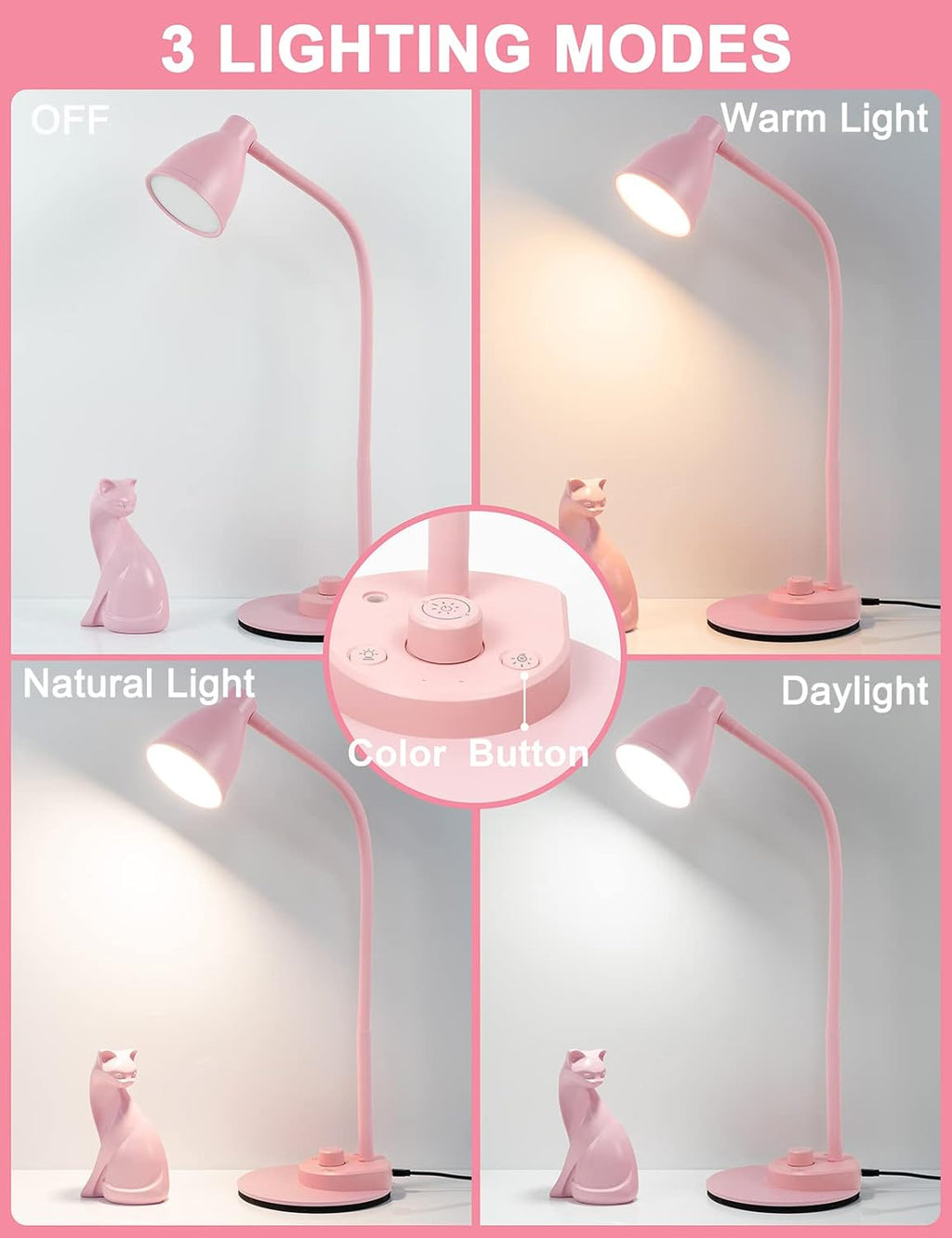 BOHON Cute Desk Lamp with USB Charging Port, Pink Lamp 3 Color Modes Dimmable LED Reading Lamp, Flexible Neck Auto Dimming Table Task…