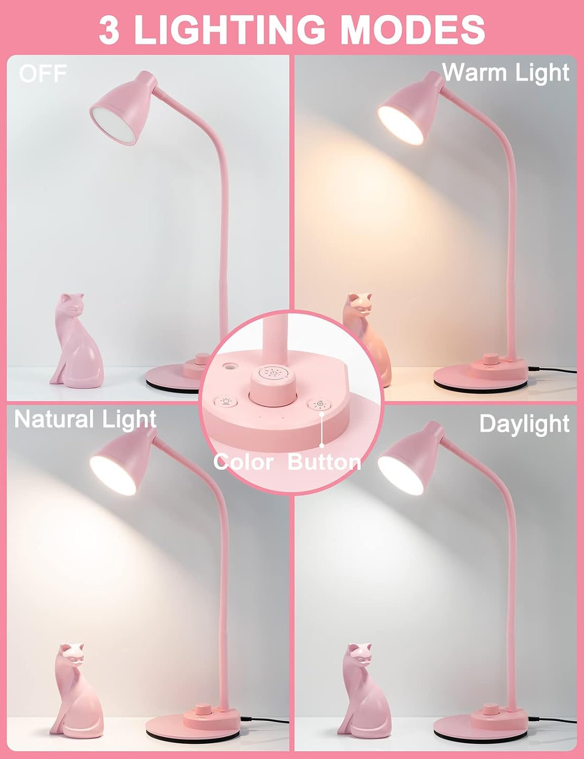 BOHON Cute Desk Lamp with USB Charging Port, Pink Lamp 3 Color Modes Dimmable LED Reading Lamp, Flexible Neck Auto Dimming Table Task…