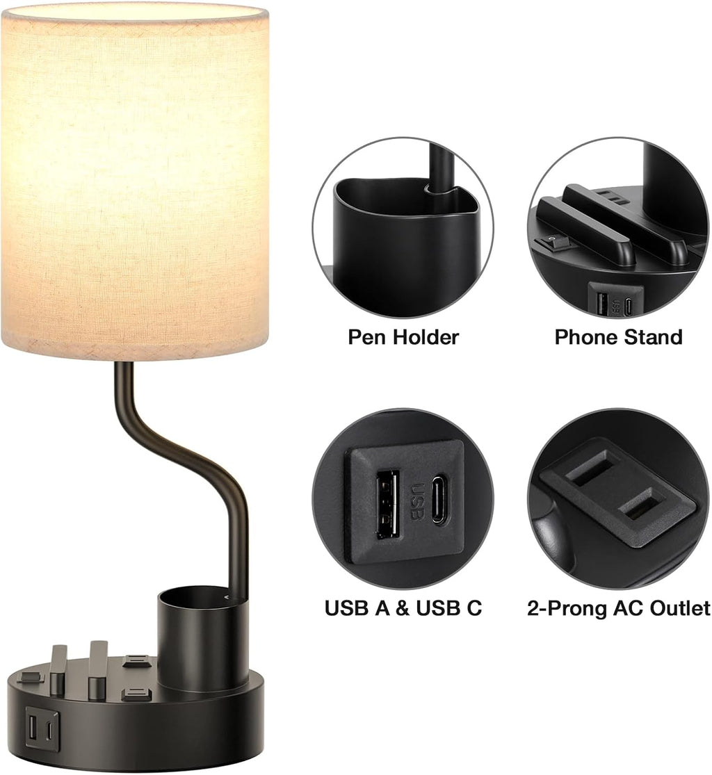 Bedside Table Lamps for Bedroom Set of 2 - Nightstand Light with AC Outlet and USB A & C for Charging, 3 Color Temperatures, Study Desk…