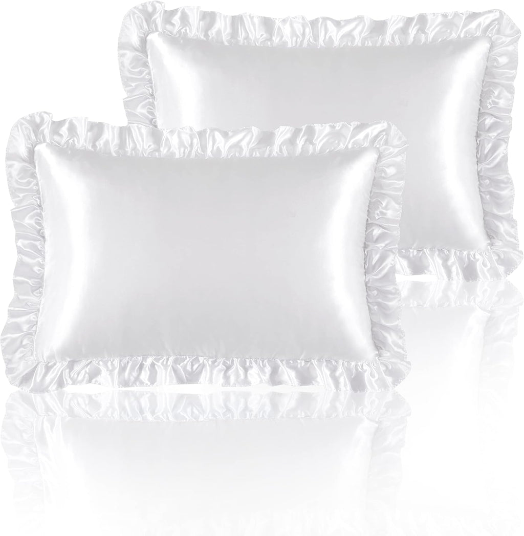 HommxJF White Satin Ruffled Pillow Cases for Hair and Skin, White Silk Pillowcases Standard Set of 2 with Envelope Closure Princess Room Dec…
