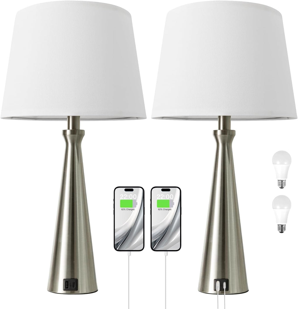 Seealle Modern Table Lamps Set of 2 - Touch Bedside Lamp for Nightstand with Dual USB C+A,3-Way Dimmable Silver Nightstand Lamps for…