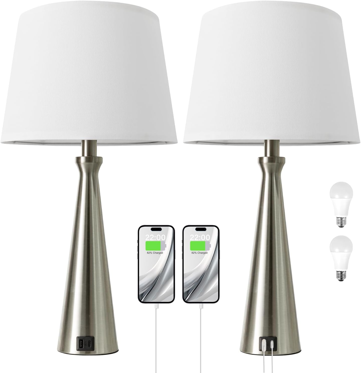Seealle Modern Table Lamps Set of 2 - Touch Bedside Lamp for Nightstand with Dual USB C+A,3-Way Dimmable Silver Nightstand Lamps for…