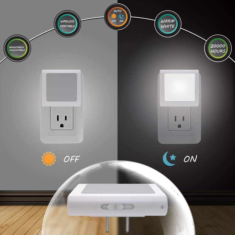 MAZ-TEK Plug in Led Night Light with Auto Dusk to Dawn Sensor, Adjustable Brightness Cool White Lights for Hallway, Kids Room, Kitchen, 2 Pack