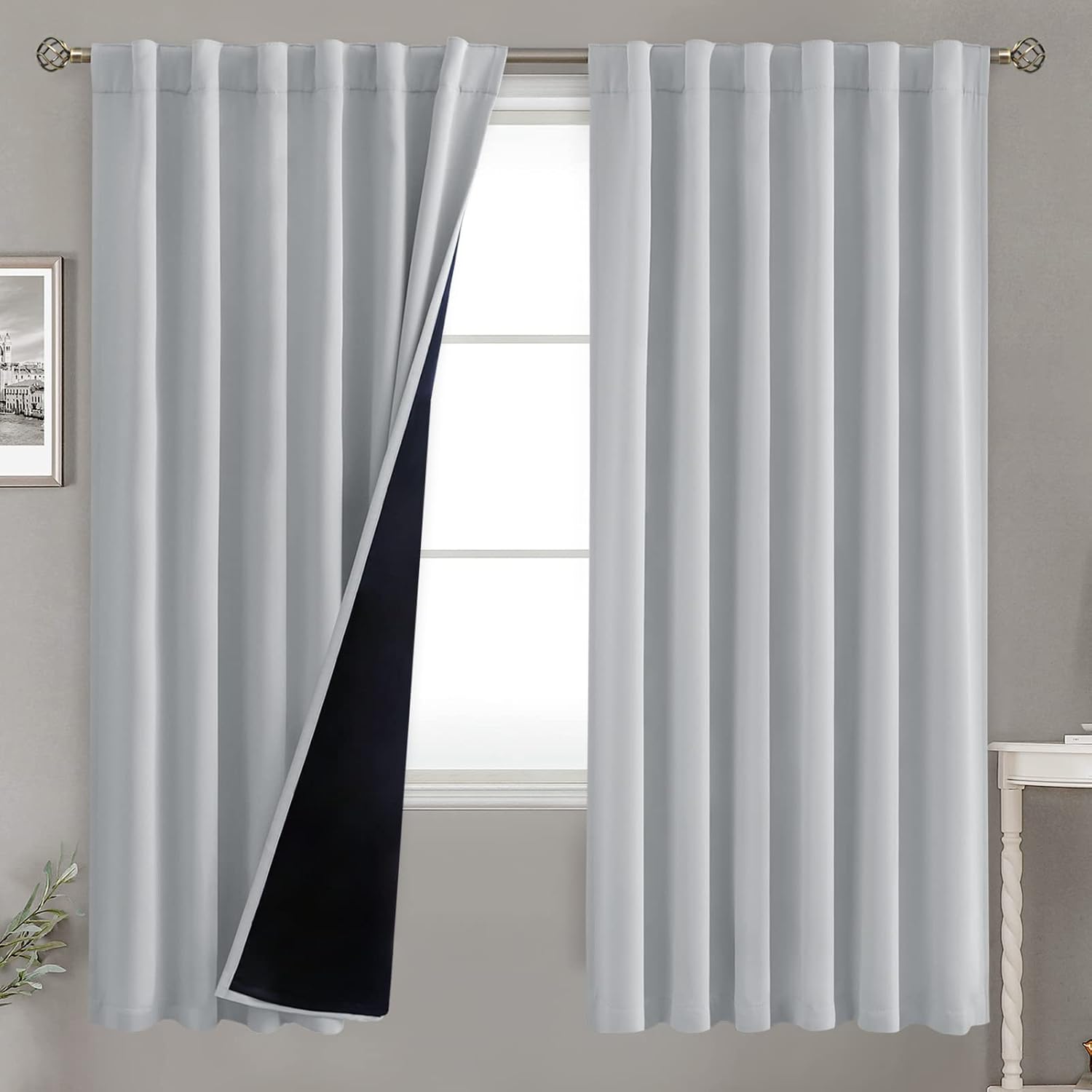 BGment Light Grey 100% Blackout Curtains 72 Inches Long with Black Liner, Rod Pocket and Back Tab Double Layer Full Room Darkening…
