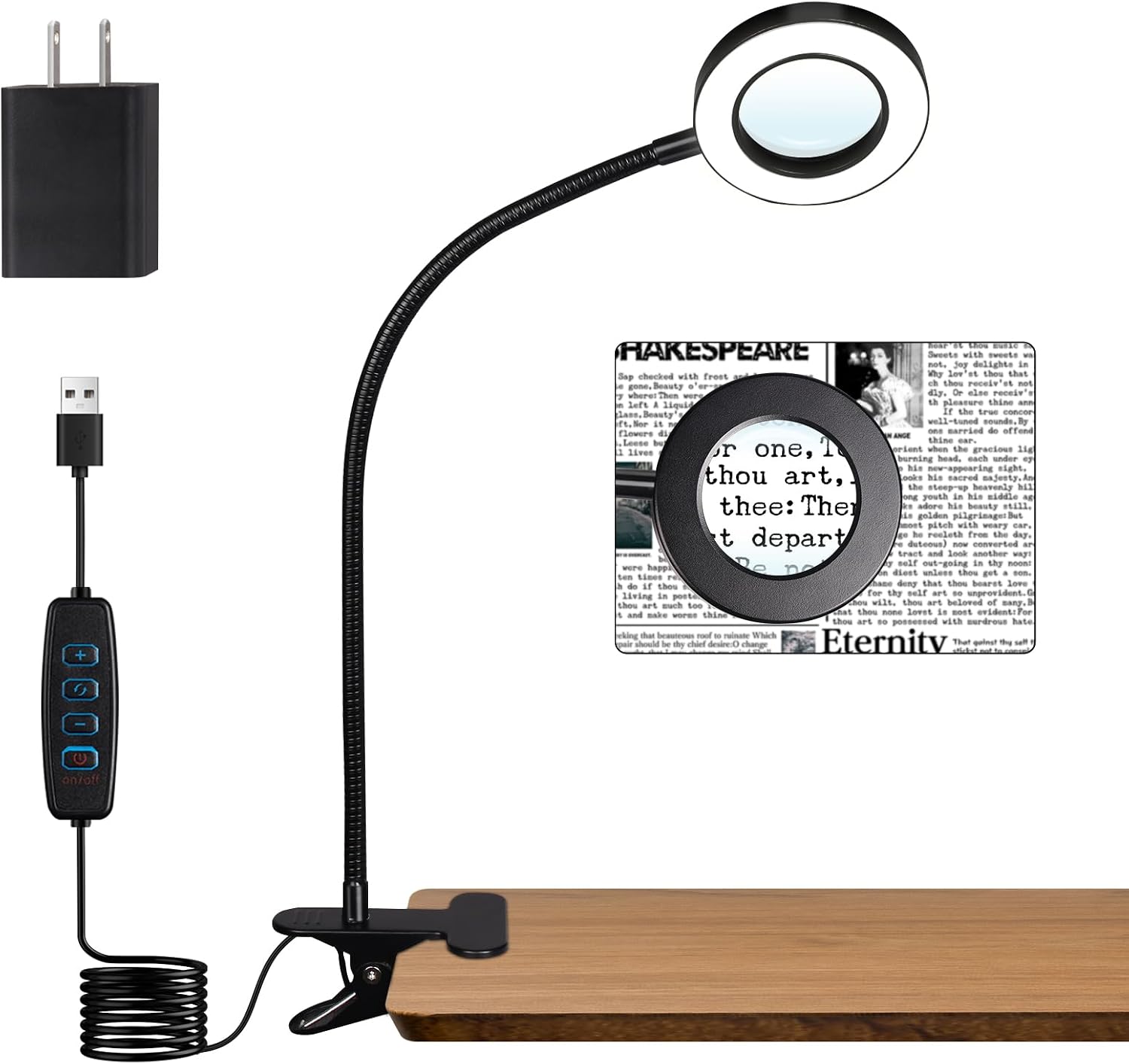 Woputne Desk Lamp with 5X Magnifying Glass,3 Color Modes 10 Brightness Levels, Reading Light Eye-Caring, Flexible Gooseneck Clip On Light…