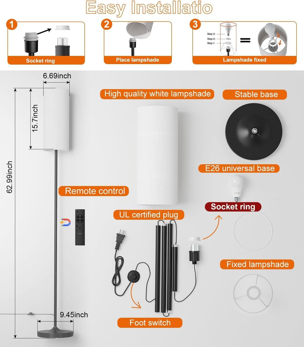 luckystyle Dimmable Floor Standing Tall Lamp, 12W Led Bulb with Lampshade, Foot Switch, Remote Custom Color Temperature Pole for Bedroom…