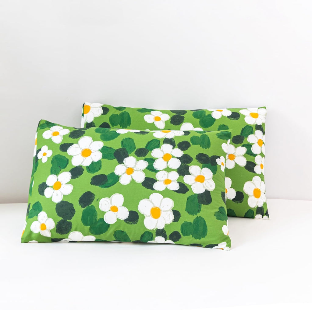 YuHeGuoJi Green Pillow Cases Set of 2 Queen 100% Cotton Floral Pillow Covers Decorative Watercolor Botanical Duvet Cover with Zipper Ties 2…