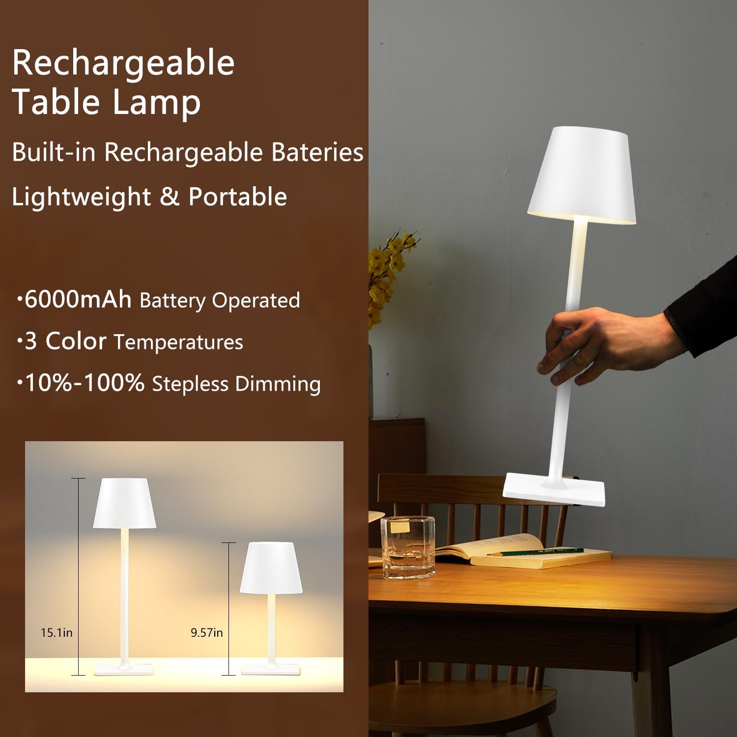 Yogaret White Cordless Table Lamp Set of 2 for Patio Restaurant Home Dinner Kitchen