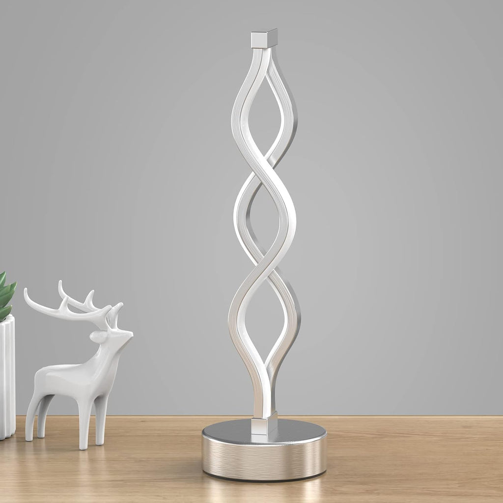 NUÜR Infinity Spiral LED Table Lamp Silver, Dimmable Metallic Bedside Lamp with Touch Controller, 3 Colour Temperature, 15.8 Inch Height…