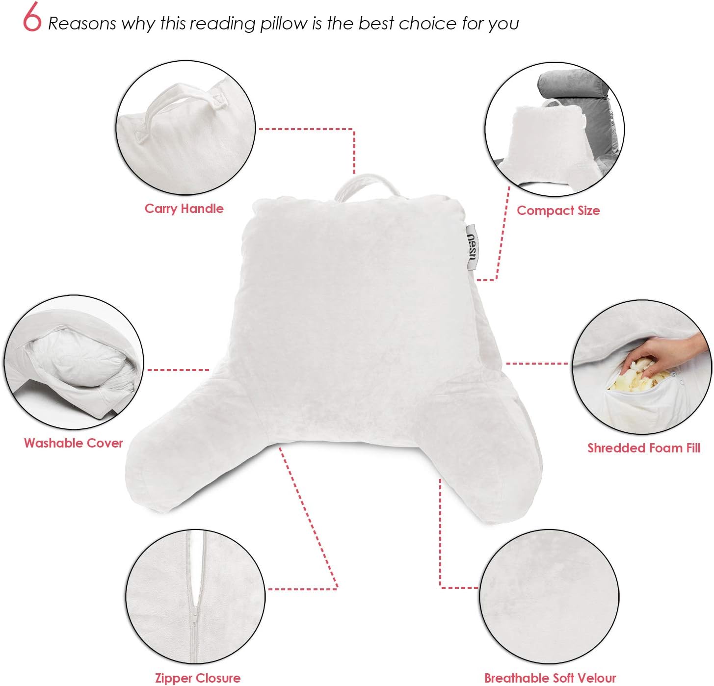 Nestl Reading Pillow with Shredded Memory Foam, Designed for Sitting Up in Bed and Couch, Back and Arms Adjustable Support for Adult &…