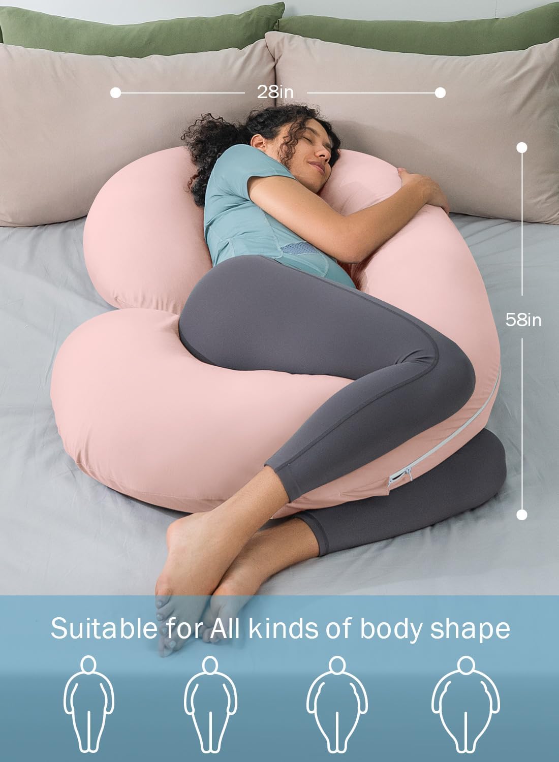 INSEN Cooling Pregnancy Pillow, Maternity Pillow with Soft Cotton Cover, C Shaped Pregnant Women and Side Sleeping, Bright Pink