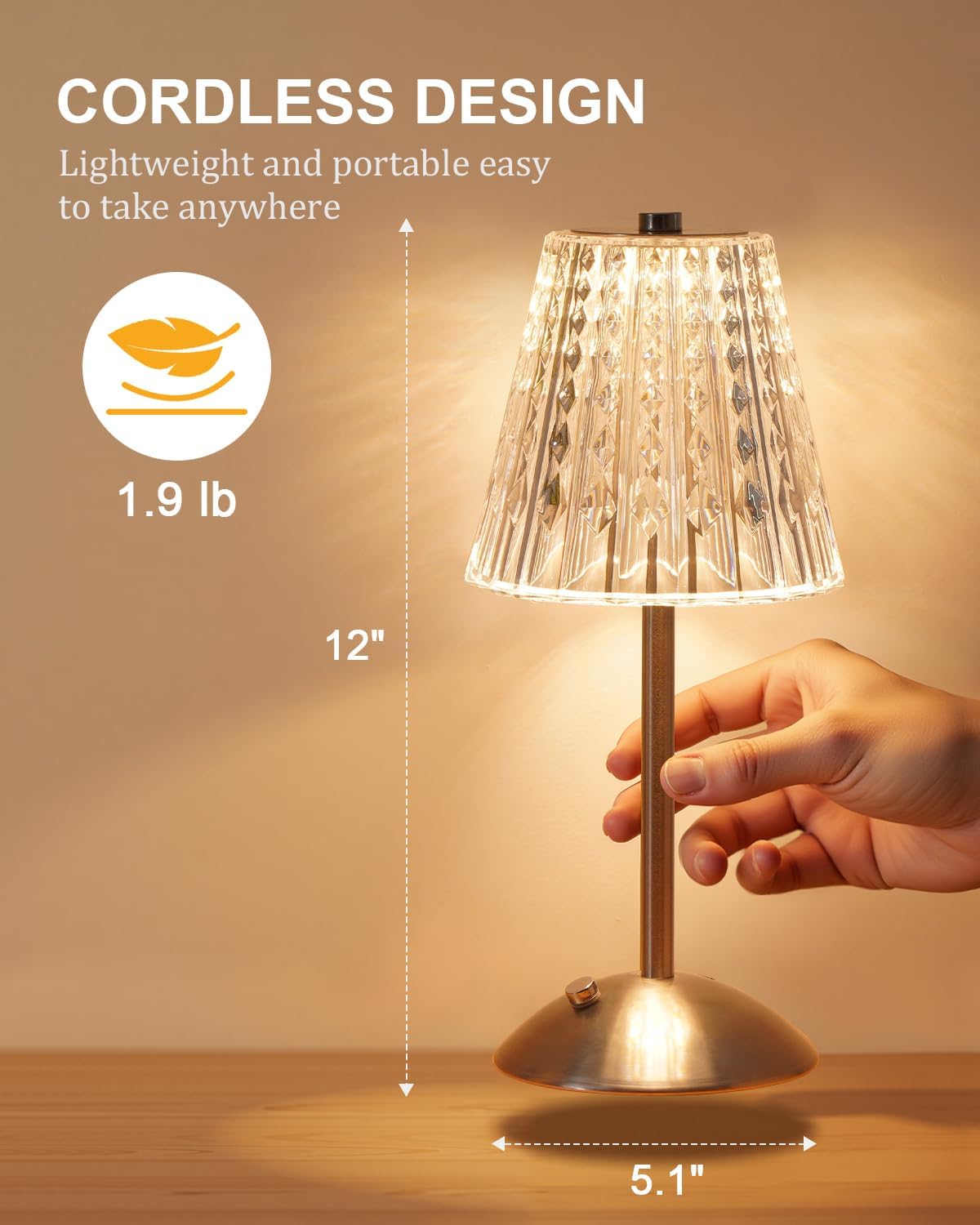 Nusogon Cordless Touch Table Lamp, LED Rechargeable Small Dask Lamp, 3 Colors Dimmable Battery Operated Crysta Lamp for Bedroom…
