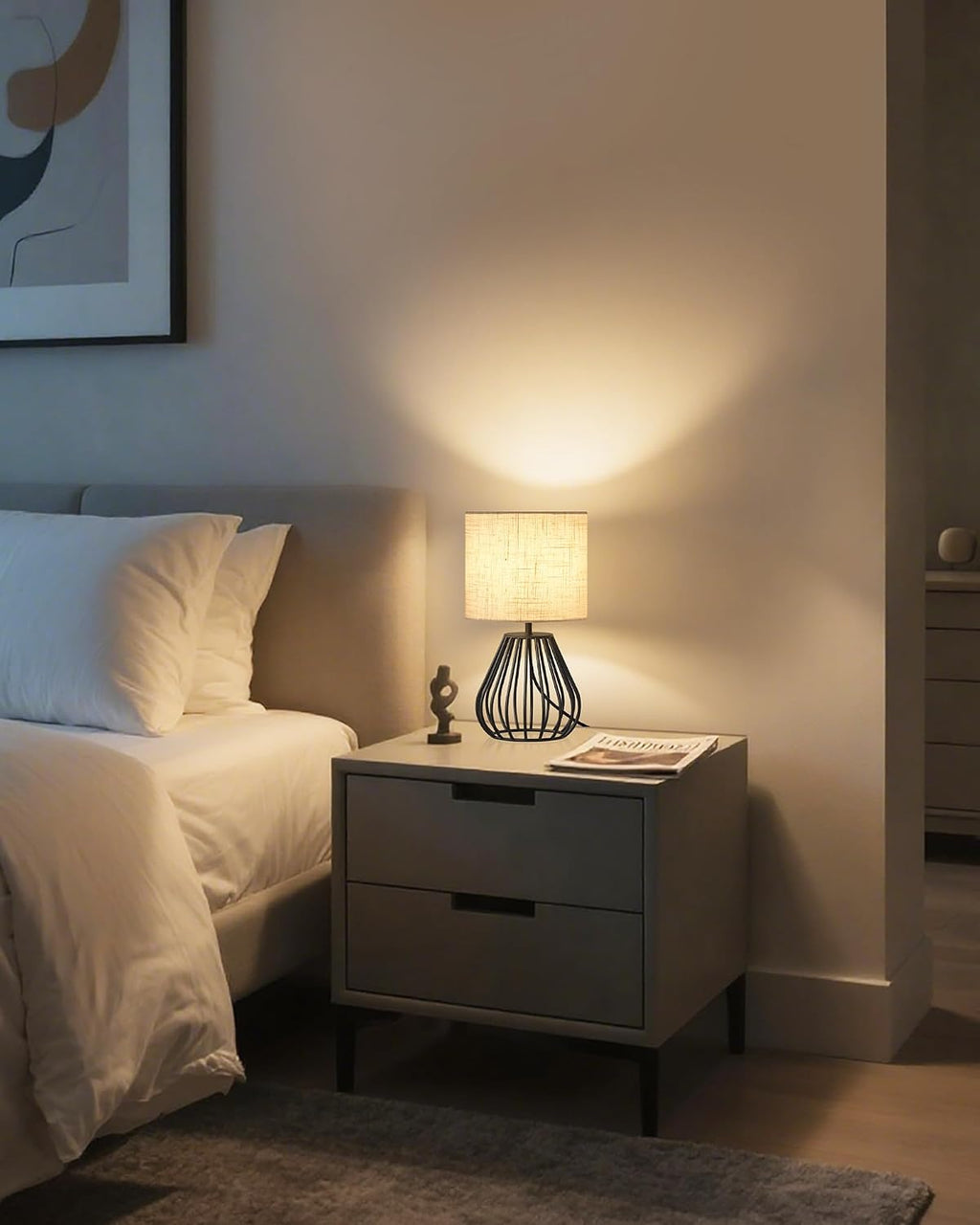 Small Bedside Table Lamp, Black Table Lamp with Metal Cage & Linen Lampshade, Modern Cute Desk Lamp, Cozy Nightstand Lamp for Bedroom…