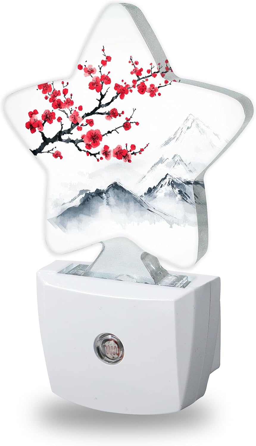 Red Plum Blosoom Flower Night Lights Plug Into Wall Decorative, Chinese Ink Painting Sleep Friendly Lamp, Energy Efficient Dusk-to-Dawn…