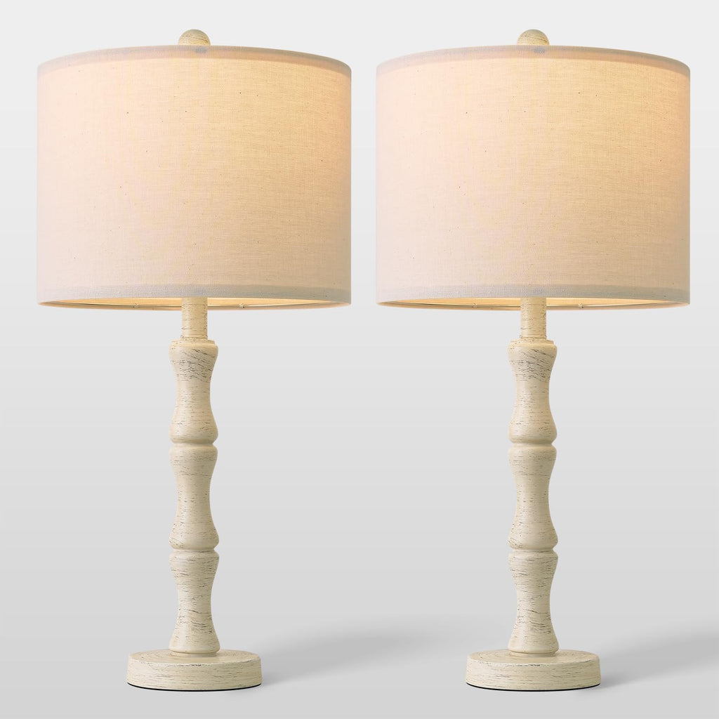 BOBOMOMO 25" Farmhouse Bedside Lamps Set of 2, Vintage Nightstand Lamps with Antique White Resin Base & Linen Shade, Standard Table Lamps…