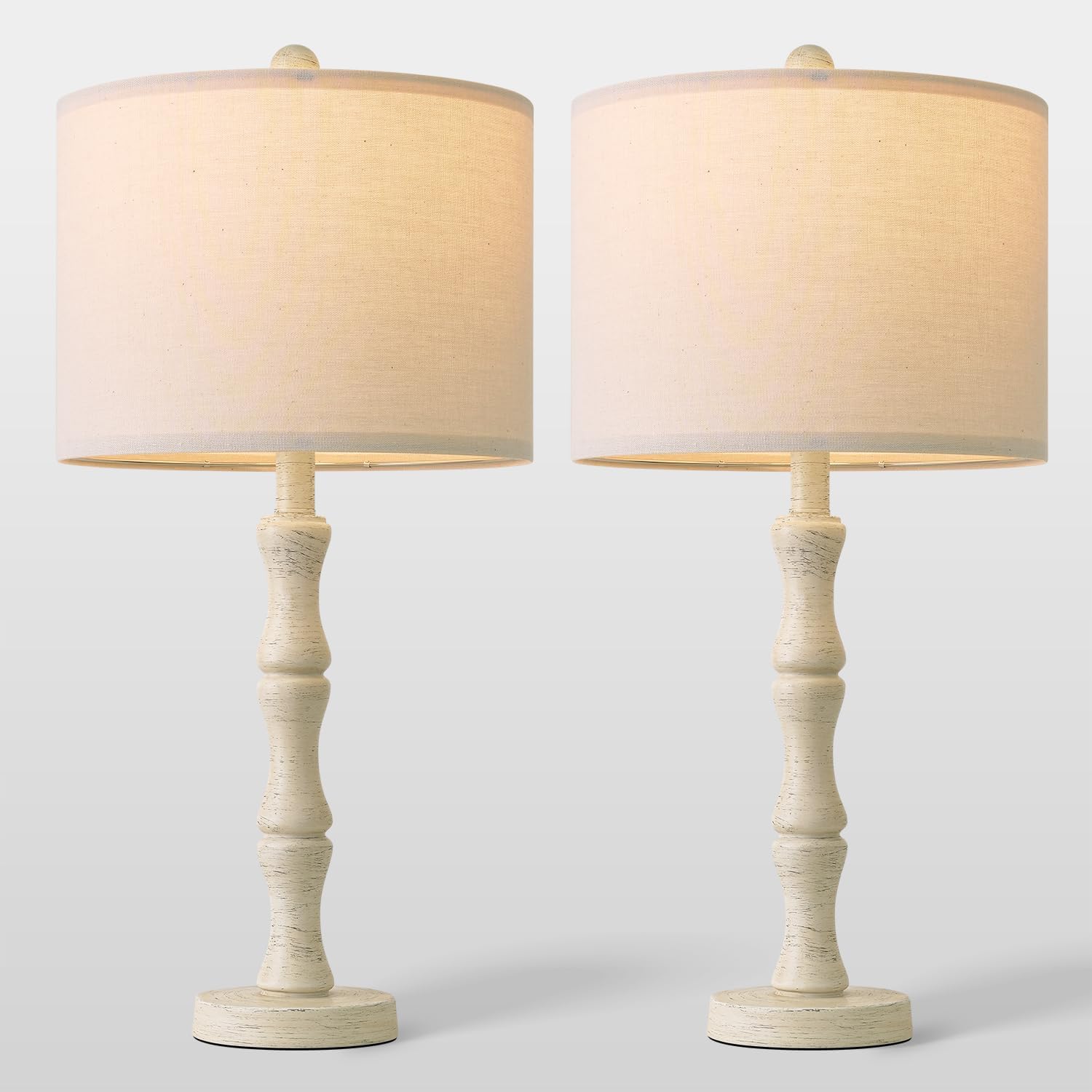 BOBOMOMO 25" Farmhouse Bedside Lamps Set of 2, Vintage Nightstand Lamps with Antique White Resin Base & Linen Shade, Standard Table Lamps…