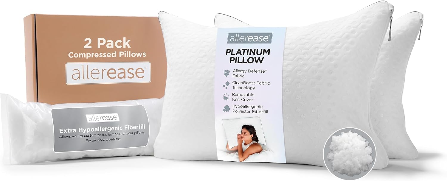 AllerEase Platinum 2-in-1 Adjustable Pillow, CleanBoost Allergen Barrier, Extra Fill, Standard/Queen - 2 Pack 2 Pack White
