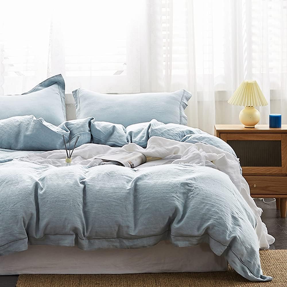 Simple&Opulence 100% Washed Linen Duvet Cover with Embroidered,3 Pieces Soft Farmhouse Comforter Set with Button Closure,1 D…